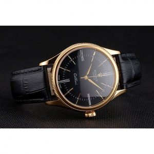 Super Clone Rolex Cellini Black Dial Roman Numerals Gold Case Black Leather Strap - Image 5