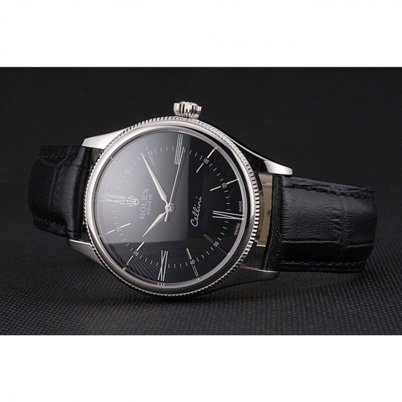 Super Clone Rolex Cellini Black Dial Roman Numerals Stainless Steel Case Black Leather Strap - Image 4