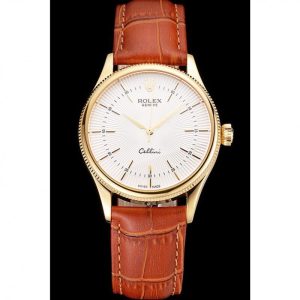 Alternative view of Super Clone Rolex Cellini White Guilloche Dial Gold Case Light Brown Leather Strap