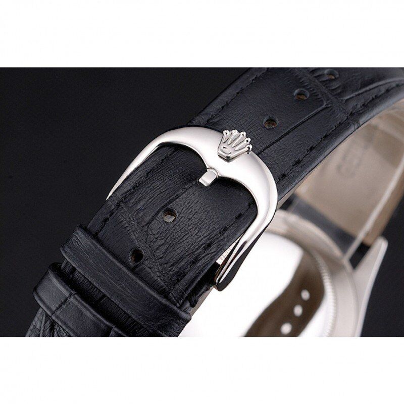 Super Clone Rolex Cellini Black Dial Roman Numerals Stainless Steel Case Black Leather Strap - Image 6