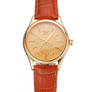 Super Clone Rolex Cellini Gold Dial Gold Case Light Brown Leather Strap - Image 11