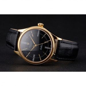 Super Clone Rolex Cellini Black Dial Roman Numerals Gold Case Black Leather Strap - Image 4