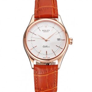 Super Clone Rolex Cellini Date White Dial Rose Gold Case Brown Leather Strap - Image 11