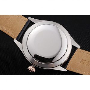 Rolex Cellini Blue Dial Gold Bezel Stainless Steel Case Black Leather Strap 622841 - Image 9
