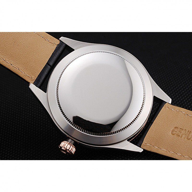 Rolex Cellini Blue Dial Gold Bezel Stainless Steel Case Black Leather Strap 622841 - Image 9