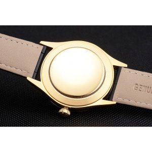 Super Clone Rolex Cellini Black Dial Roman Numerals Gold Case Black Leather Strap - Image 8