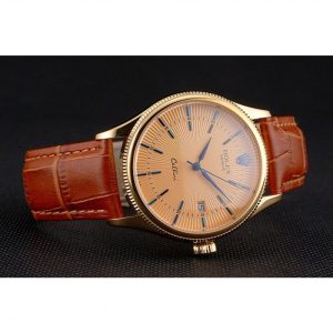 Super Clone Rolex Cellini Date Gold Guilloche Dial Gold Case Light Brown Leather Strap - Imagen 4