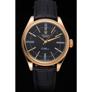 Rolex Cellini Black Dial Gold Case Black Leather Strap 622832 - Image 2
