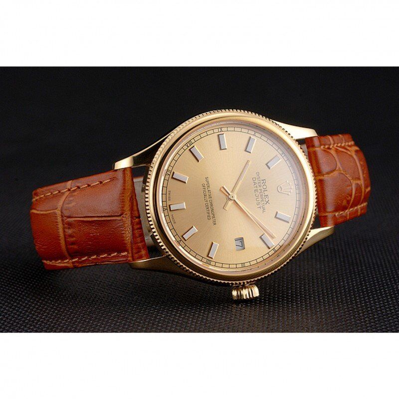 Super Clone Rolex Datejust Gold Dial Gold Case Light Brown Leather Strap - Image 5