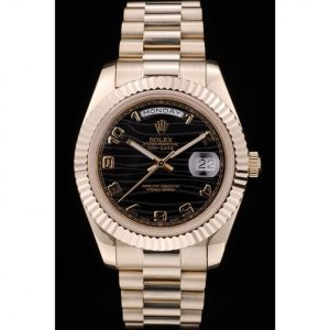 Vista alternativa de Super Clone Rolex Day-Date Gold Stainless Steel Ribbed Bezel Black Dial 41998