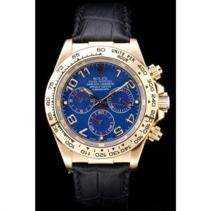 Vista alternativa de Super Clone Rolex Daytona Gold Case Blue Dial Black Leather Strap