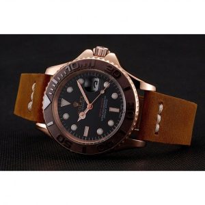 Rolex Yacht-Master Black Dial Brown Bezel Rose Gold Case Brown Leather Bracelet 1453860 - Imagen 4