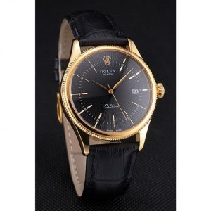 Rolex Cellini Date Black Dial Gold Case Black Leather Strap - Imagen 3