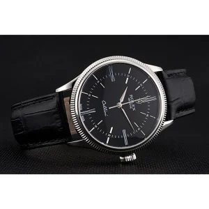 Super Clone Rolex Cellini Time Silver Case Black Dial Black Leather Bracelet  622654 - Imagen 4
