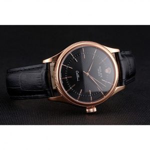 Super Clone Rolex Cellini Black Dial Rose Gold Markings Rose Gold Case Black Leather Strap - Image 4