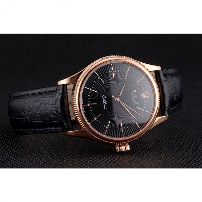 Super Clone Rolex Cellini Black Dial Rose Gold Markings Rose Gold Case Black Leather Strap - Image 4