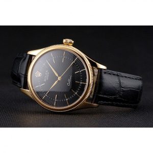 Super Clone Rolex Cellini Black Dial Gold Markings Gold Case Black Leather Strap - Image 5