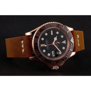 Rolex Yacht-Master Black Dial Brown Bezel Rose Gold Case Brown Leather Bracelet 1453860 - Imagen 3