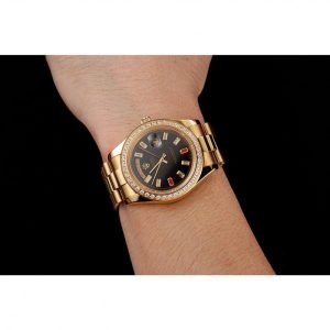 Super Clone Rolex Day-Date Diamonds And Rubies Black Dial Yellow Gold Bracelet 1454101 - Image 10
