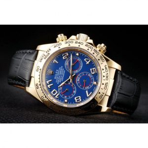 Super Clone Rolex Daytona Gold Case Blue Dial Black Leather Strap - Imagen 5