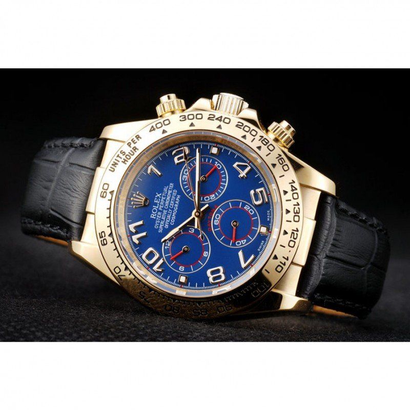 Super Clone Rolex Daytona Gold Case Blue Dial Black Leather Strap - Imagen 5