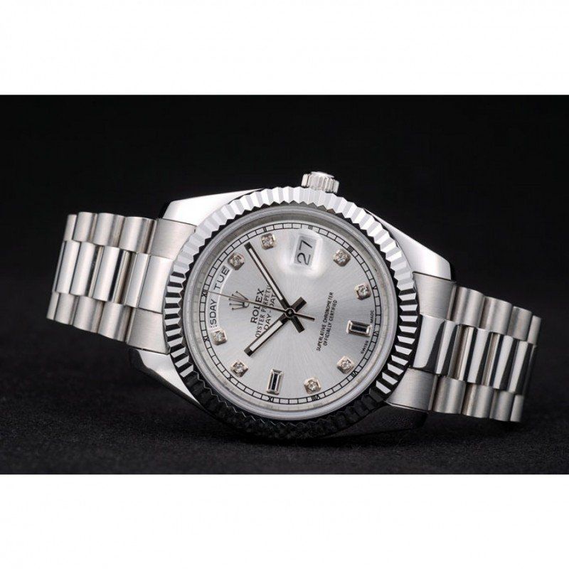 Super Clone Rolex DayDate Stainless Steel Ribbed Bezel Silver Dial 41995 - Image 5