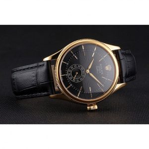 Super Clone Rolex Cellini Black Dial Gold Case Black Leather Strap - Image 4
