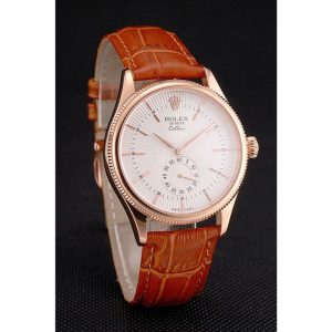 Super Clone Rolex Cellini White Dial Rose Gold Case Light Brown Leather Strap - Imagen 3