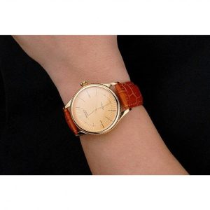 Super Clone Rolex Cellini Gold Dial And Markings Gold Case Light Brown Leather Strap - Imagen 10
