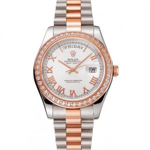 Super Clone Rolex Day-Date Diamonds Bezel White Dial Rose Gold And Staineless Steel Bracelet 1454108 - Image 11