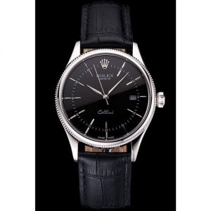 Vista alternativa de Super Clone Rolex Cellini Date Black Dial Stainless Steel Case Black Leather Strap