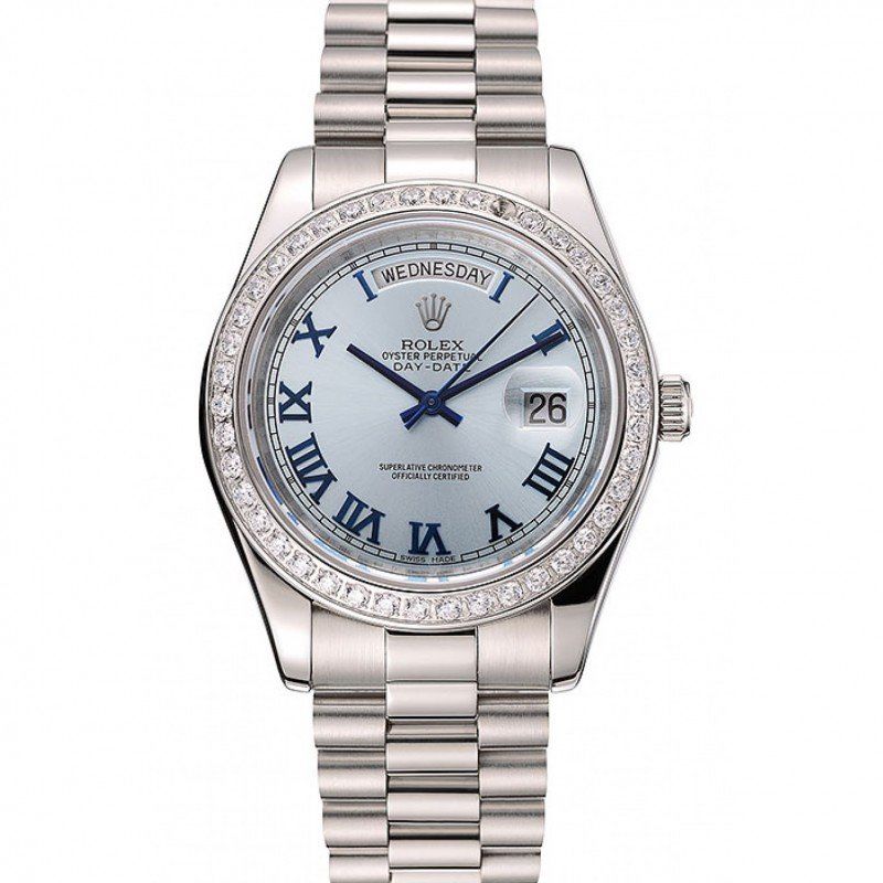 Super Clone Rolex Day-Date Ice Blue Dial Diamond Case Stainless Steel Bracelet 1453962 - Image 10