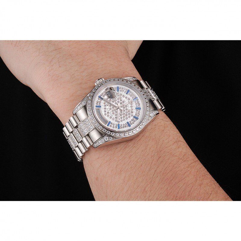 Super Clone Rolex Day-Date Diamond Pave Dial And Bezel And Stainless Steel Bracelet - Image 10
