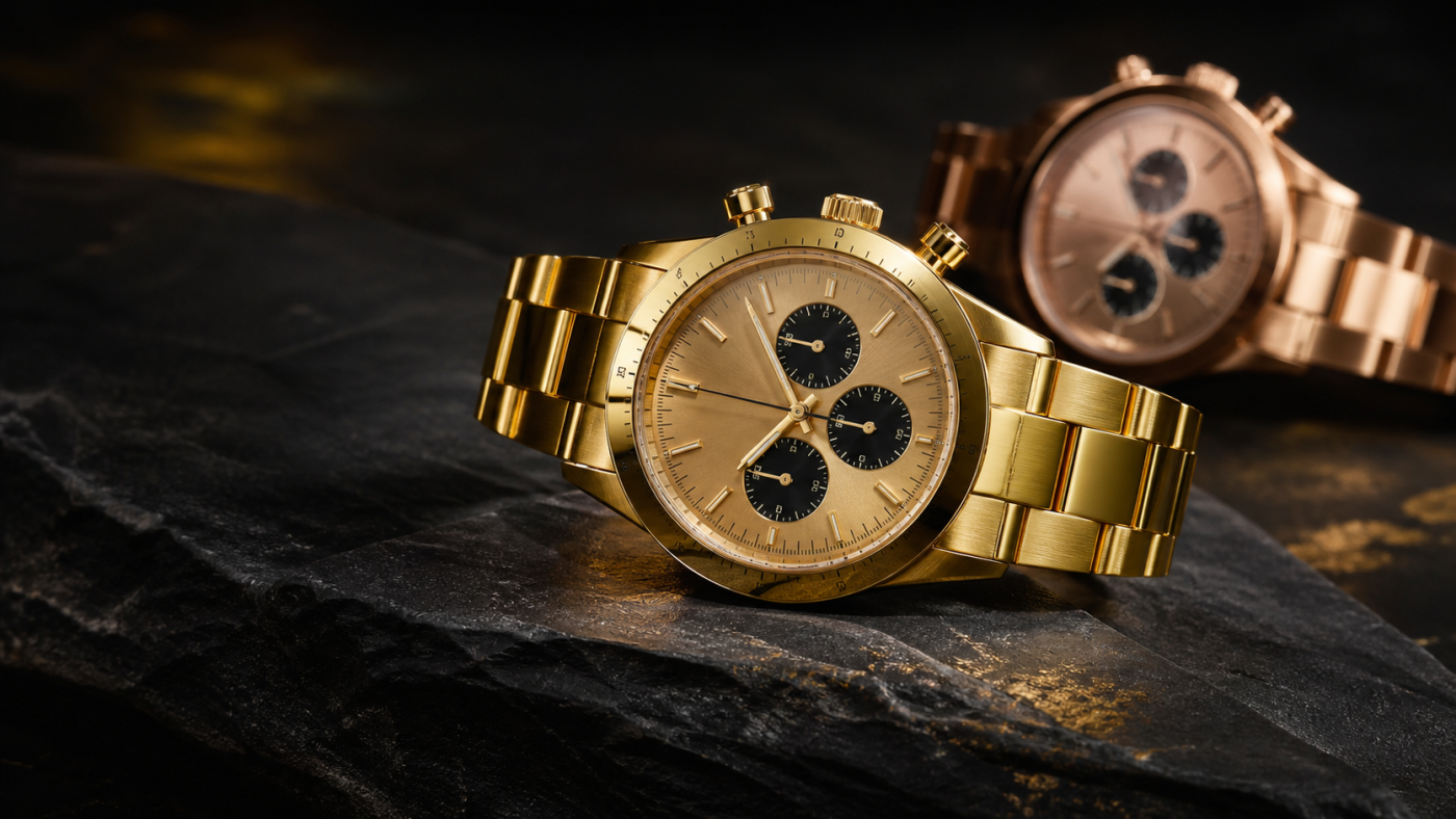 Gold luxury chronograph watches illustrating the Rolex price increase in 2026