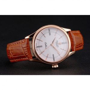 Super Clone Rolex Cellini White Dial Roman Numerals Rose Gold Case Light Brown Leather Strap - Imagen 5