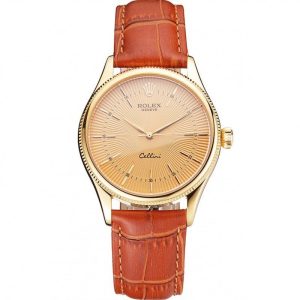 Super Clone Rolex Cellini Gold Dial And Markings Gold Case Light Brown Leather Strap - Imagen 11
