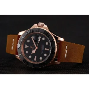 Rolex Yacht-Master Black Dial Rose Gold Case Brown Leather Bracelet 1453861 - Imagen 3