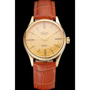 Vista alternativa de Super Clone Rolex Cellini Gold Dial Roman Numerals Gold Case Light Brown Leather Strap