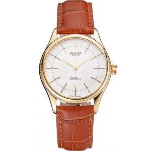 Super Clone Rolex Cellini White Guilloche Dial Gold Case Light Brown Leather Strap - Image 11