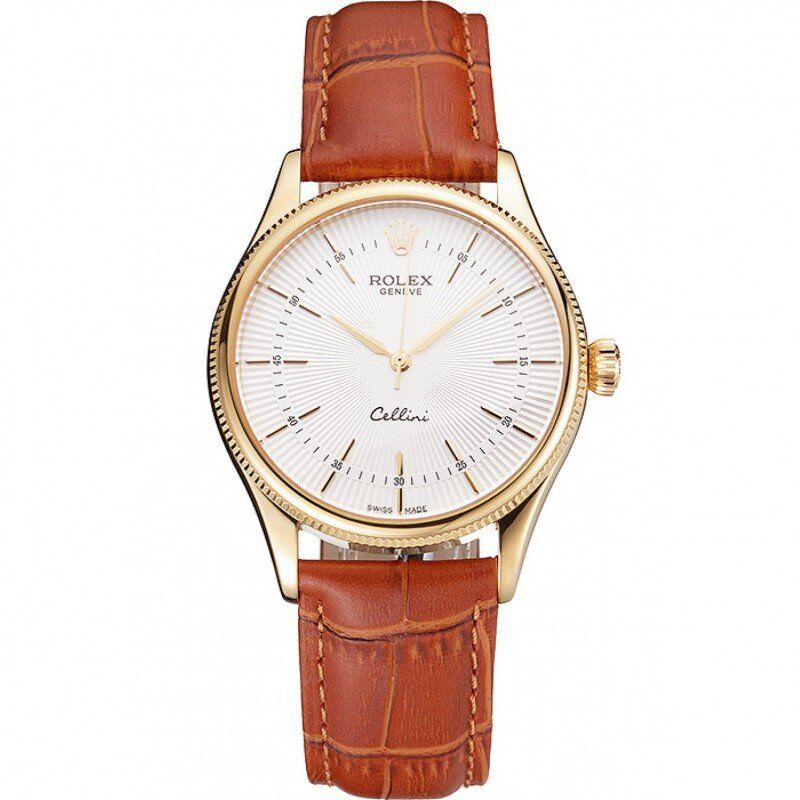 Super Clone Rolex Cellini White Guilloche Dial Gold Case Light Brown Leather Strap - Image 11