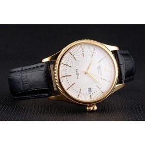 Super Clone Rolex Cellini Date White Dial Gold Case Black Leather Strap - Image 5