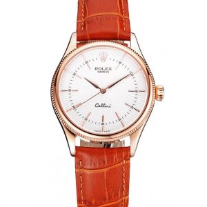 Super Clone Rolex Cellini White Dial Rose Gold Case Brown Leather Strap - Image 12
