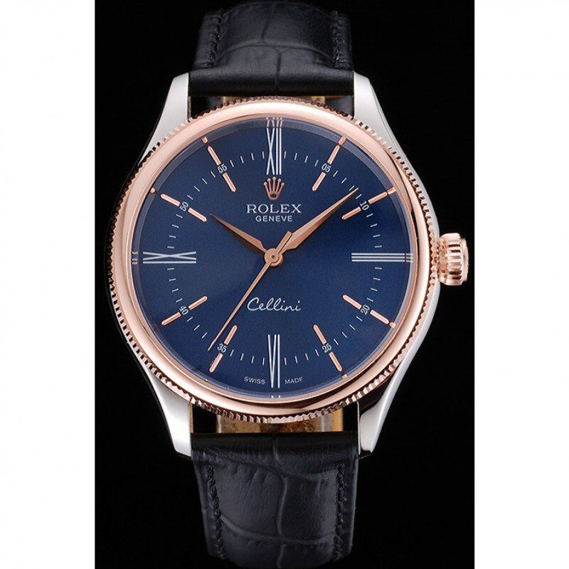 Rolex Cellini Blue Dial Gold Bezel Stainless Steel Case Black Leather Strap 622841 - Image 2
