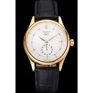 Alternative view of Super Clone Rolex Cellini White Dial Gold Case Black Leather Strap