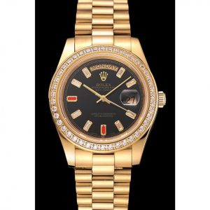 Vista alternativa de Super Clone Rolex Day-Date Diamonds And Rubies Black Dial Yellow Gold Bracelet 1454101