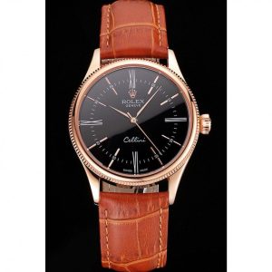 Alternative view of Super Clone Rolex Cellini Black Dial Roman Numerals Rose Gold Case Light Brown Leather Strap