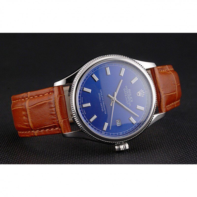 Super Clone Rolex Datejust Blue Dial Stainless Steel Case Light Brown Leather Strap - Image 5