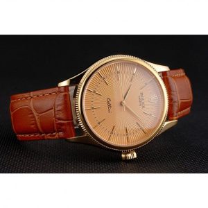 Super Clone Rolex Cellini Gold Dial And Markings Gold Case Light Brown Leather Strap - Imagen 4