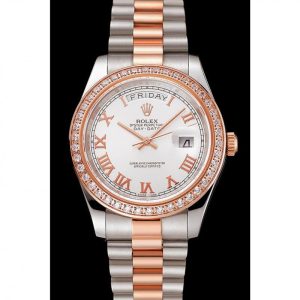 Super Clone Rolex Day-Date Diamonds Bezel White Dial Rose Gold And Staineless Steel Bracelet 1454108 - Image 2