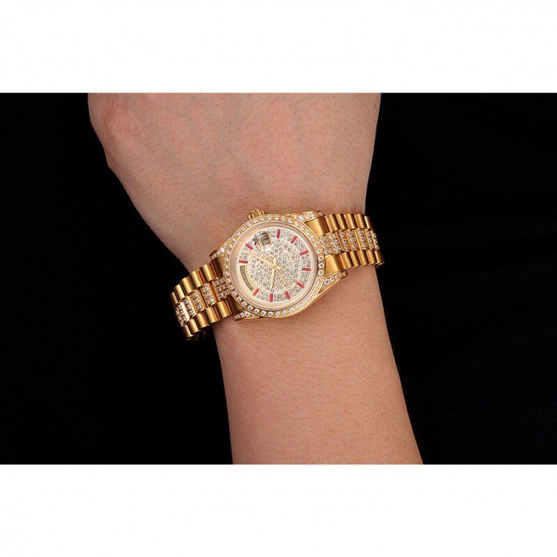 Super Clone Rolex Day-Date Red Diamond Pave Dial Gold Diamond Bracelet 1453960 - Afbeelding 9